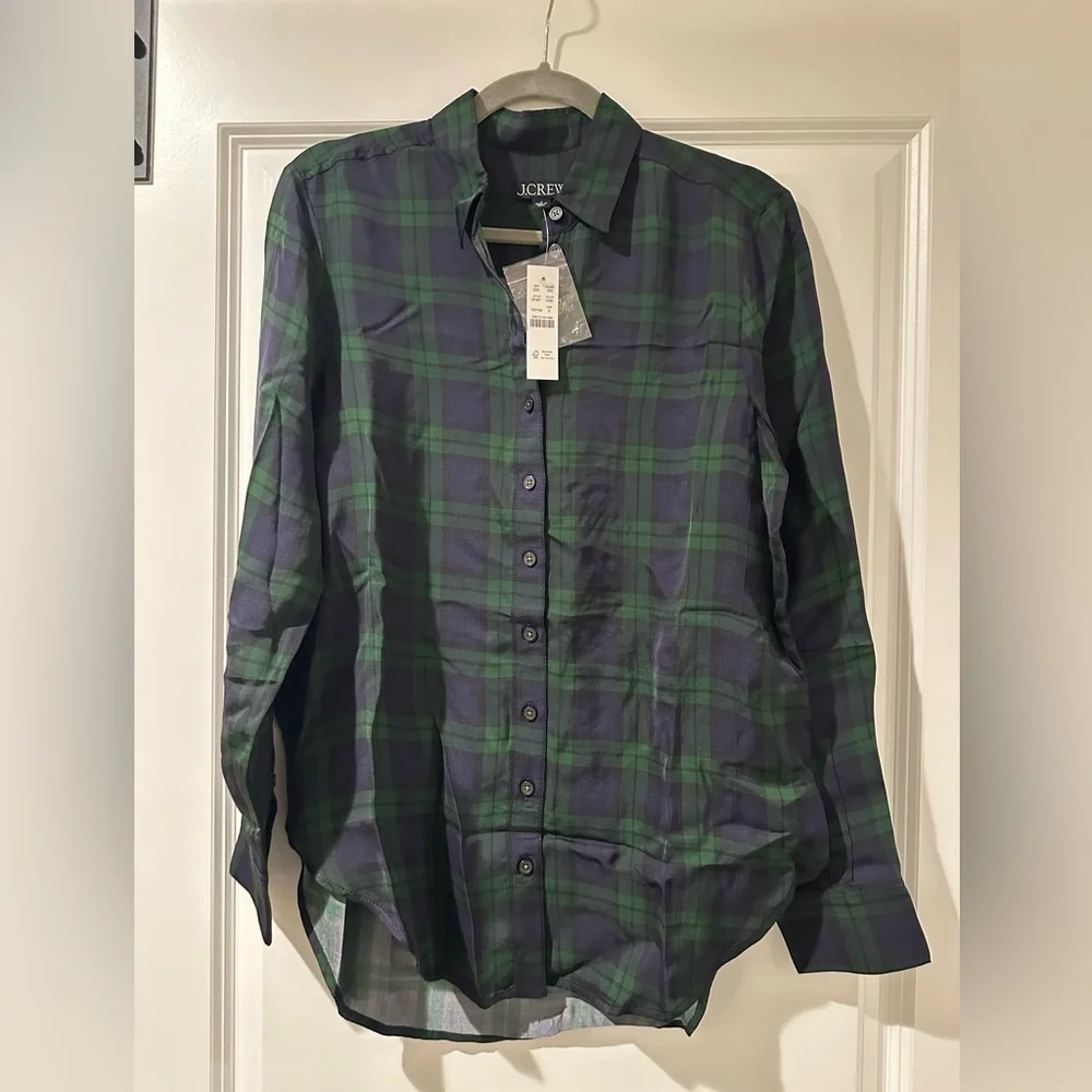 J. Crew Drapey button-up shirt in Black Watch tartan, green/black, NWT, small